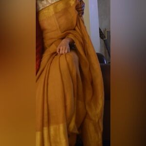 New (no tag) mustard linen zari saree